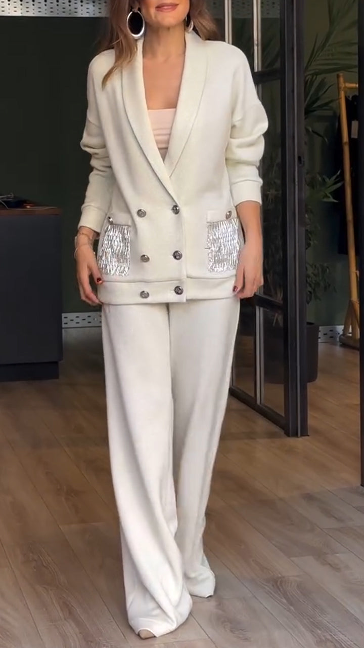 Women's Co Ord Set with Double Breasted Blazer and Wide Leg Trousers