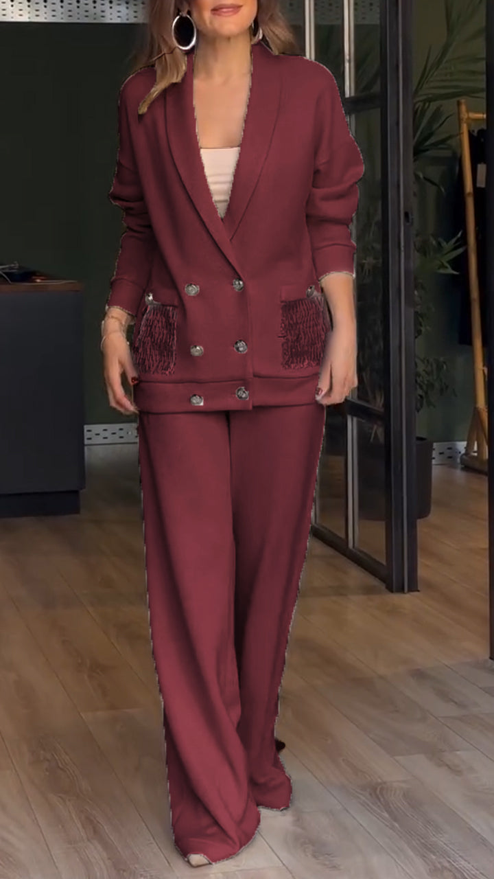 Women's Co Ord Set with Double Breasted Blazer and Wide Leg Trousers