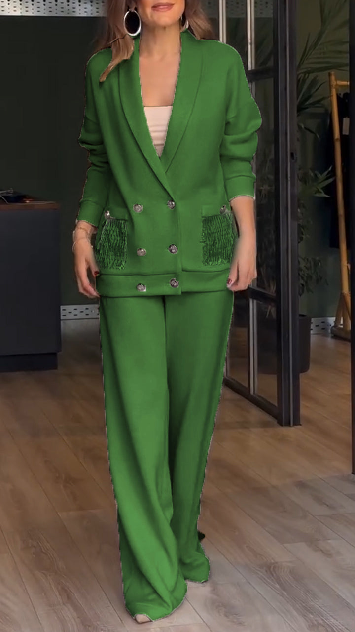Women's Co Ord Set with Double Breasted Blazer and Wide Leg Trousers