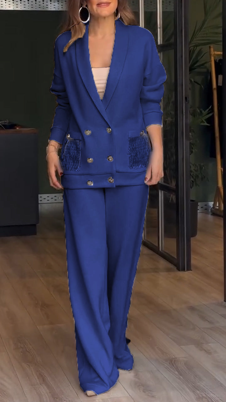 Women's Co Ord Set with Double Breasted Blazer and Wide Leg Trousers
