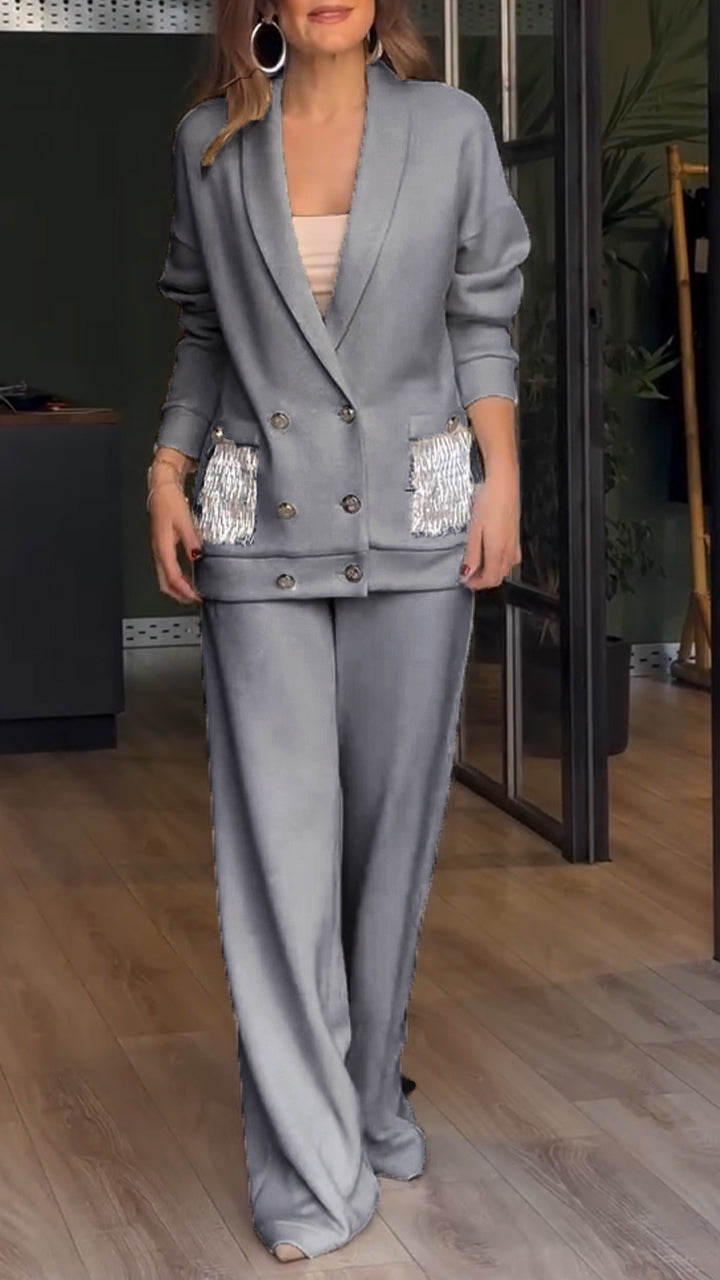 Women's Co Ord Set with Double Breasted Blazer and Wide Leg Trousers
