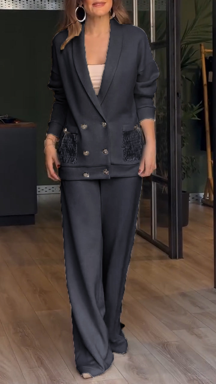 Women's Co Ord Set with Double Breasted Blazer and Wide Leg Trousers