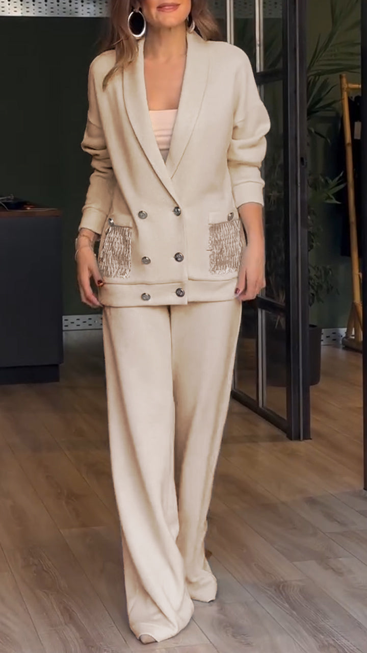Women's Co Ord Set with Double Breasted Blazer and Wide Leg Trousers