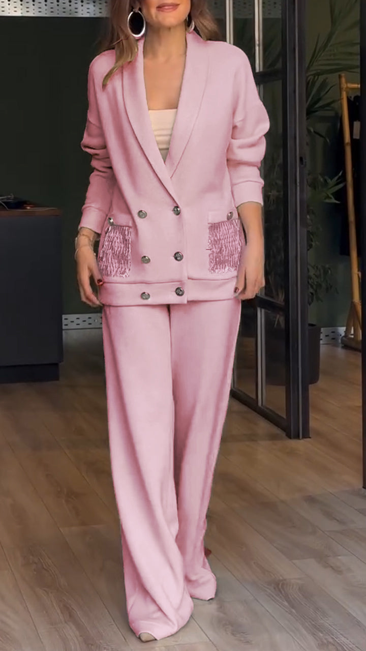 Women's Co Ord Set with Double Breasted Blazer and Wide Leg Trousers