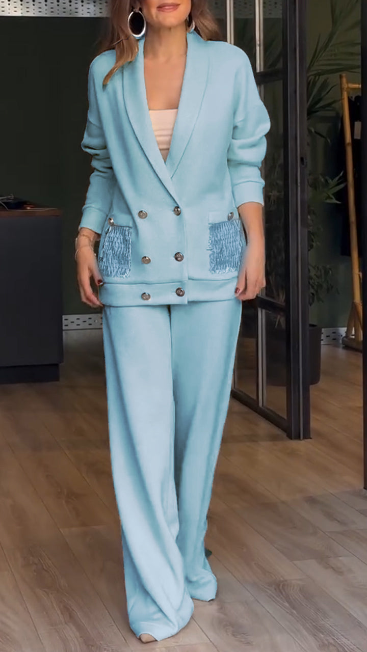 Women's Co Ord Set with Double Breasted Blazer and Wide Leg Trousers