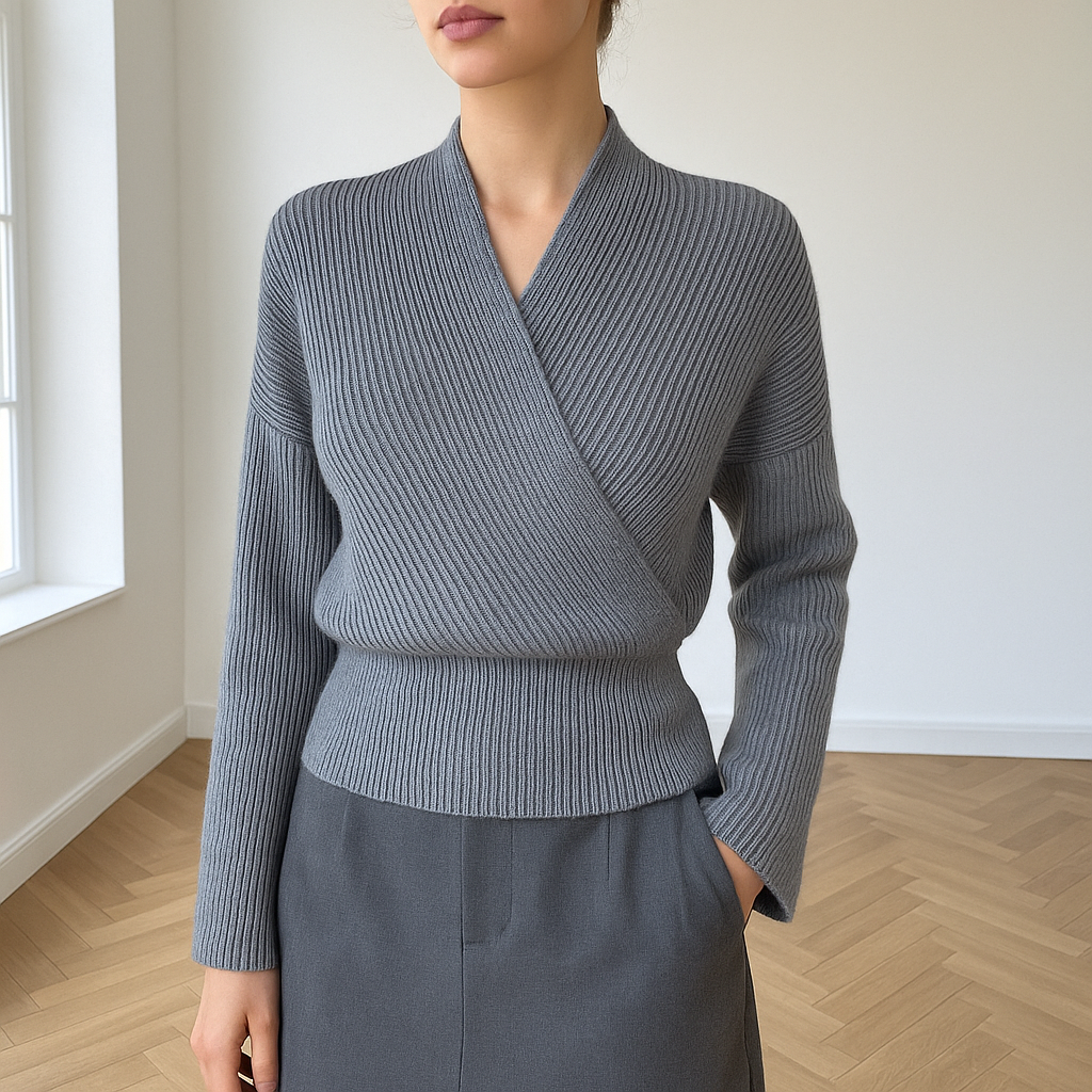 Women's Wrap Knit Jumper with V Neck and Long Sleeves