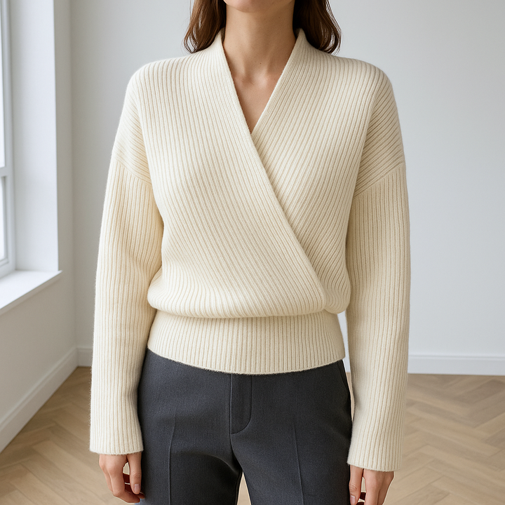 Women's Wrap Knit Jumper with V Neck and Long Sleeves