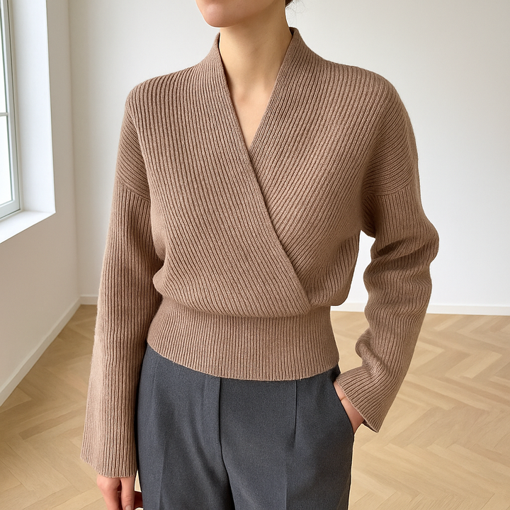 Women's Wrap Knit Jumper with V Neck and Long Sleeves