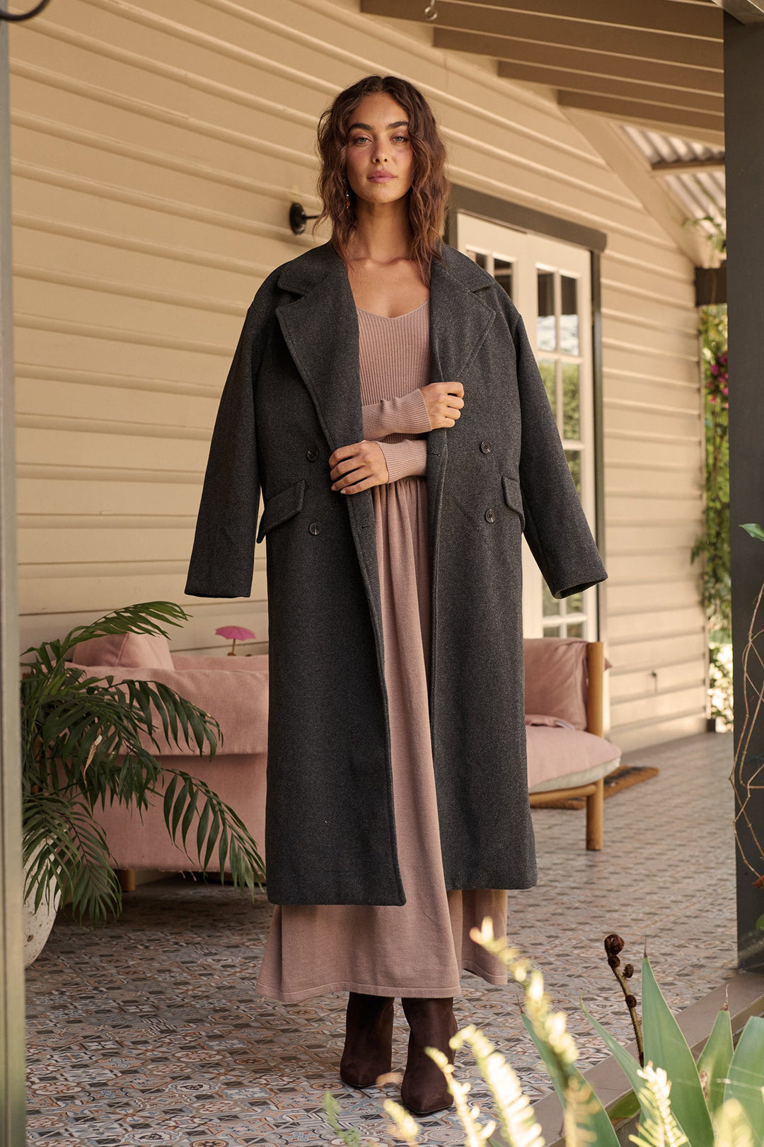 Women's Longline Coat with Notch Lapels and Relaxed Fit