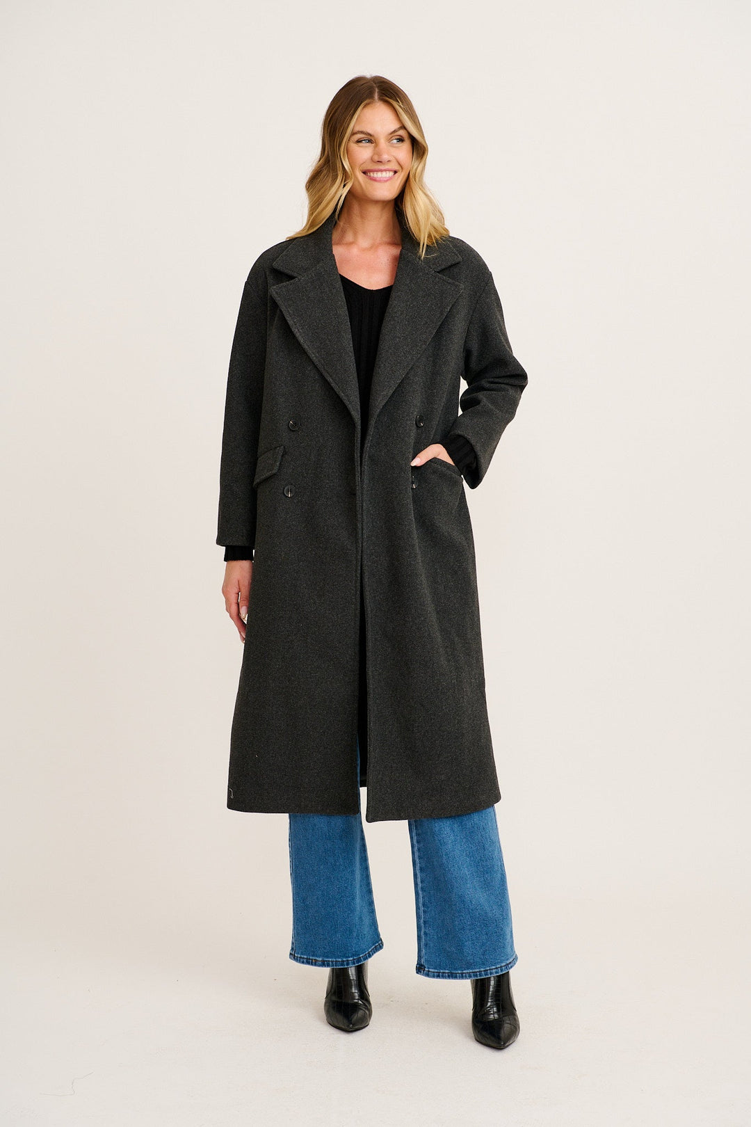 Women's Longline Coat with Notch Lapels and Relaxed Fit
