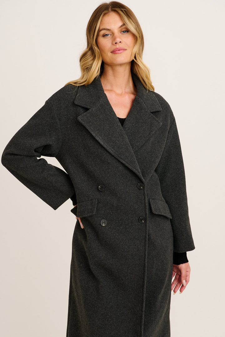 Women's Longline Coat with Notch Lapels and Relaxed Fit