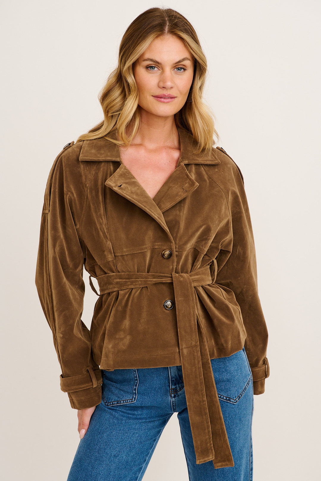 Women's Belted Suede Jacket with Notch Lapels and Relaxed Fit