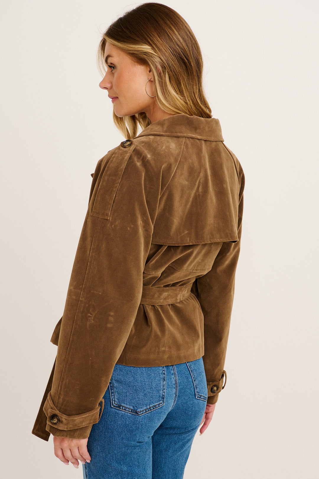 Women's Belted Suede Jacket with Notch Lapels and Relaxed Fit
