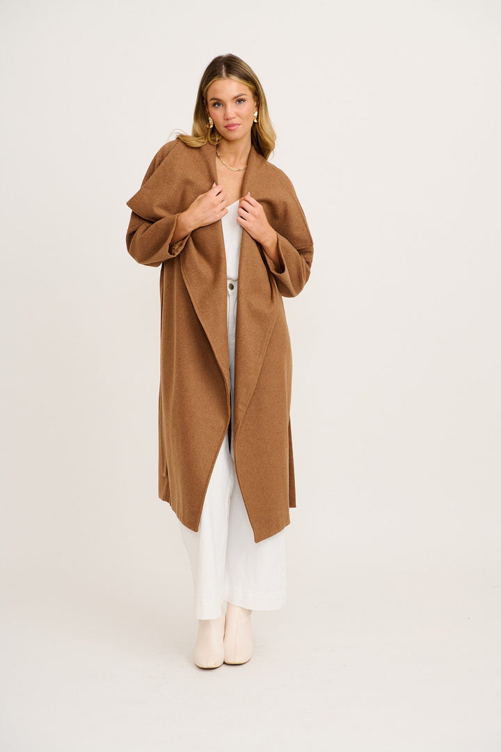 Women's Belted Wrap Coat with Wide Lapels and Longline Fit