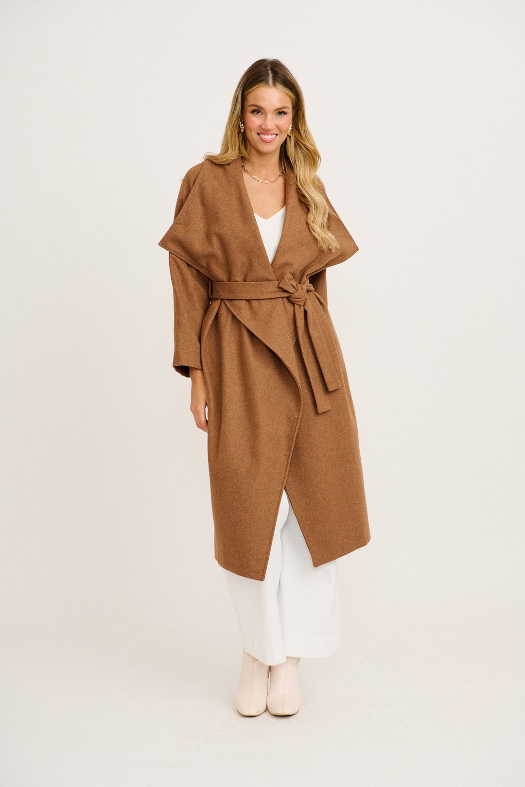 Women's Belted Wrap Coat with Wide Lapels and Longline Fit