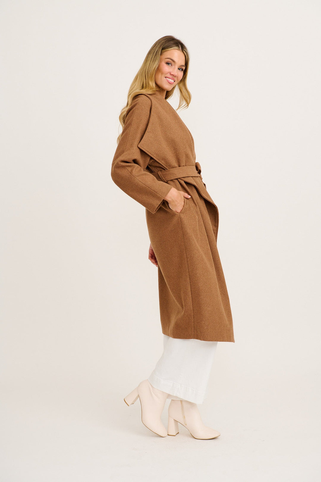 Women's Belted Wrap Coat with Wide Lapels and Longline Fit