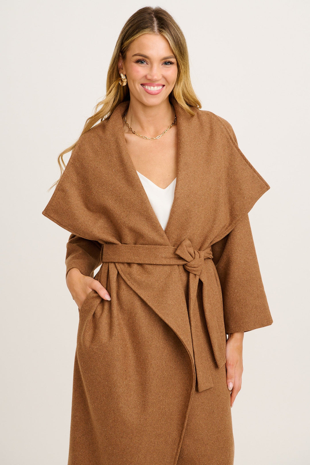 Women's Belted Wrap Coat with Wide Lapels and Longline Fit