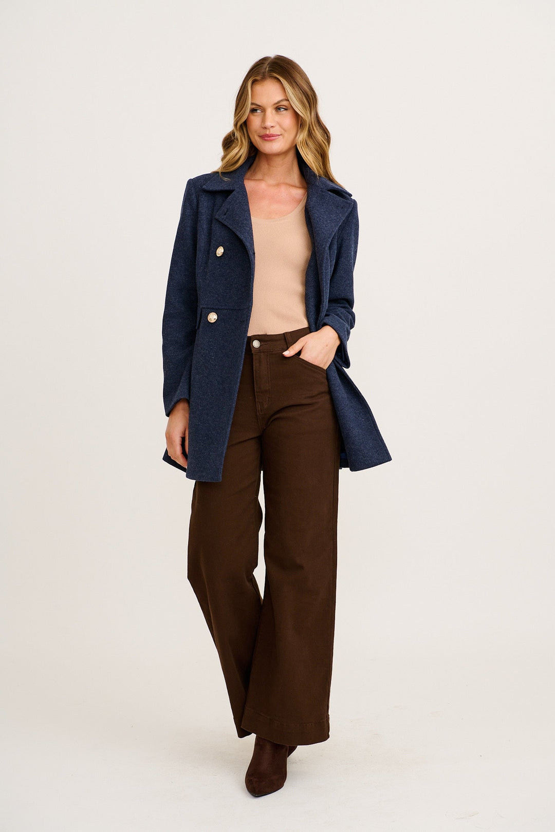 Women's Double Breasted Coat with Notch Lapels and Gold Tone Buttons