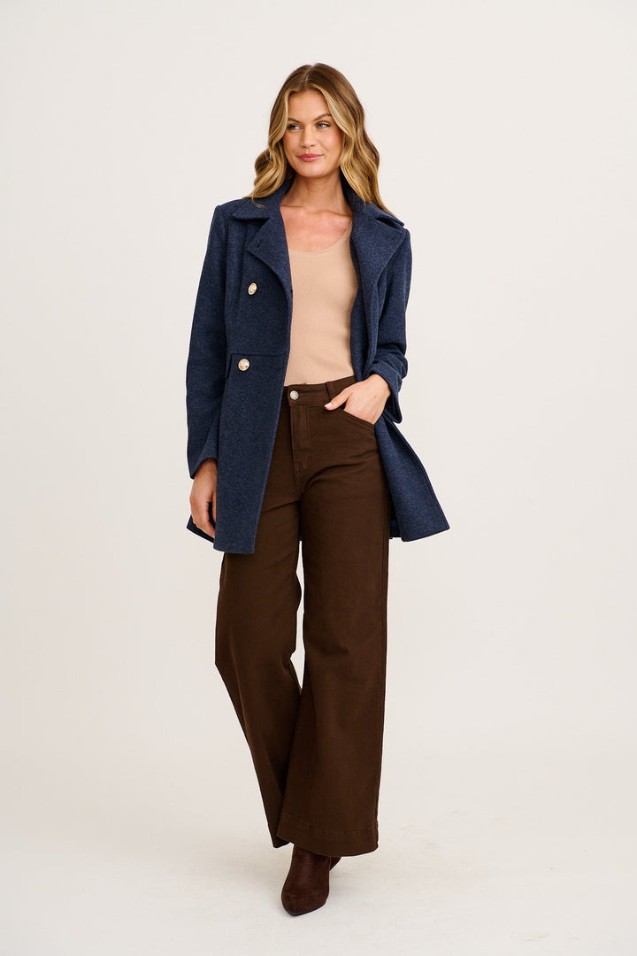 Women's Double Breasted Coat with Notch Lapels and Gold Tone Buttons