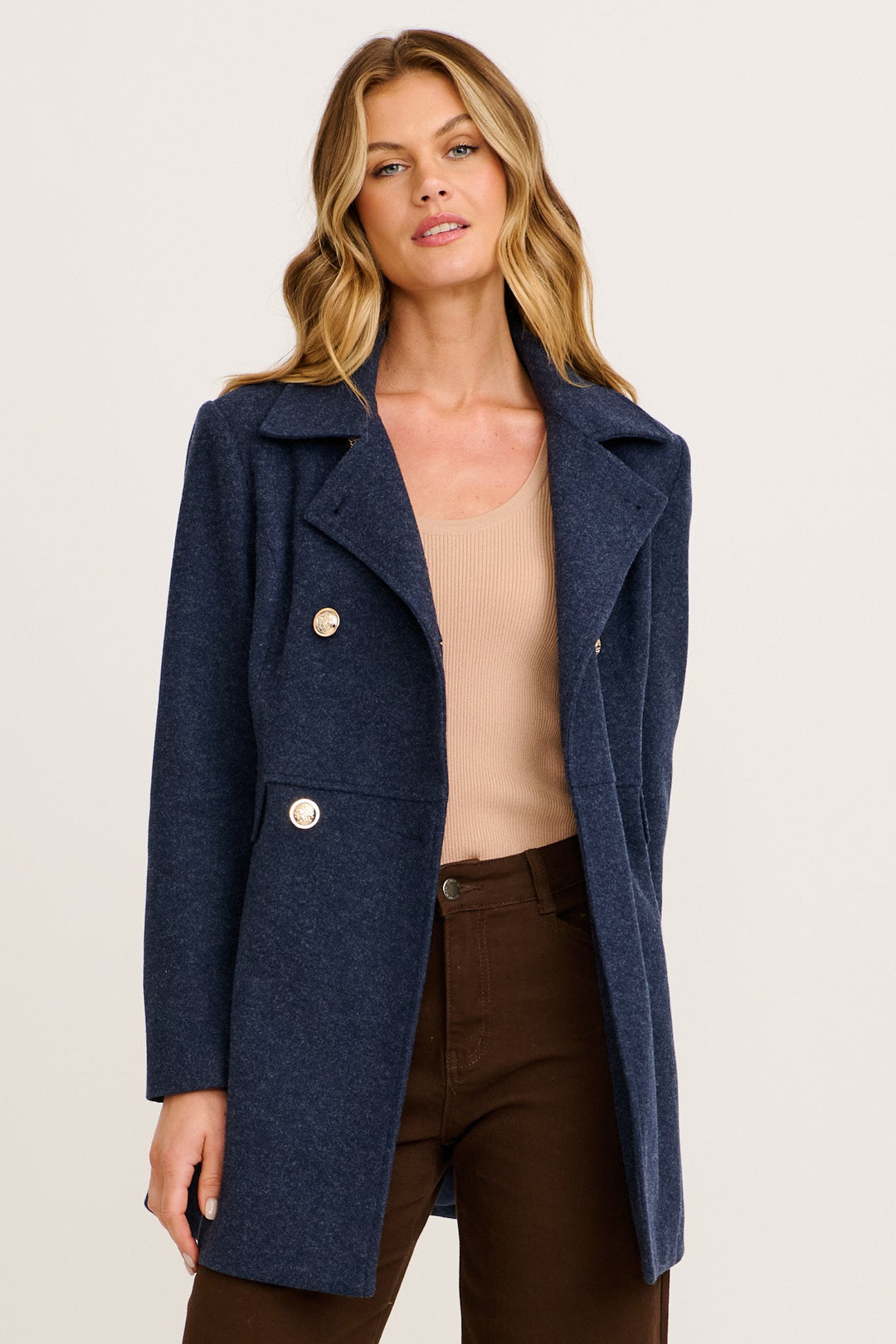 Women's Double Breasted Coat with Notch Lapels and Gold Tone Buttons
