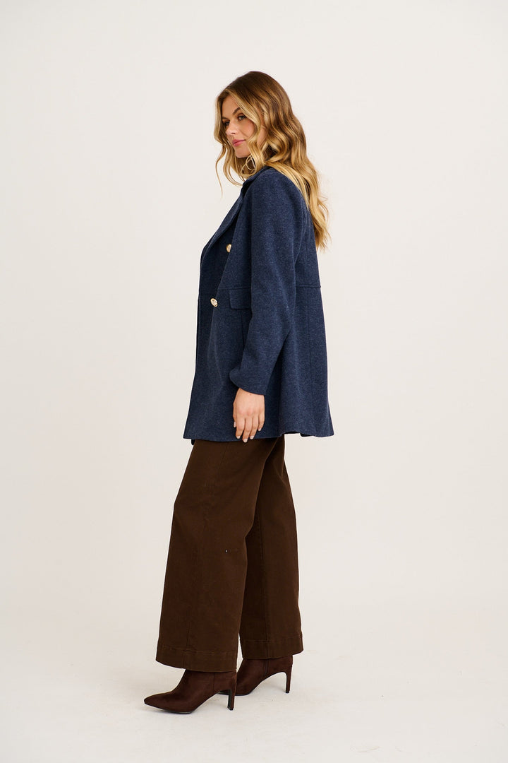 Women's Double Breasted Coat with Notch Lapels and Gold Tone Buttons
