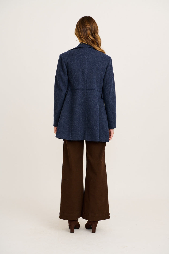 Women's Double Breasted Coat with Notch Lapels and Gold Tone Buttons