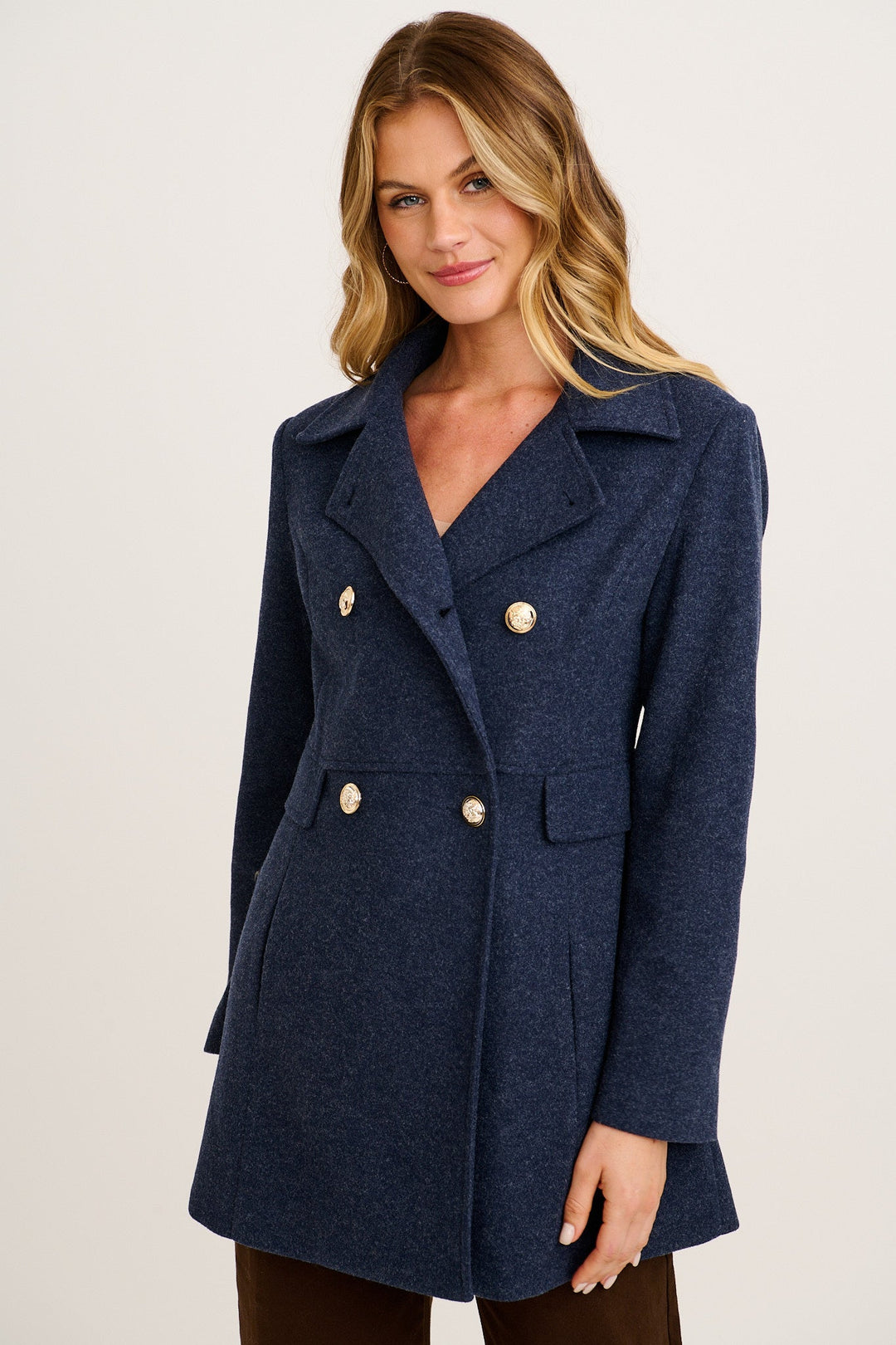 Women's Double Breasted Coat with Notch Lapels and Gold Tone Buttons