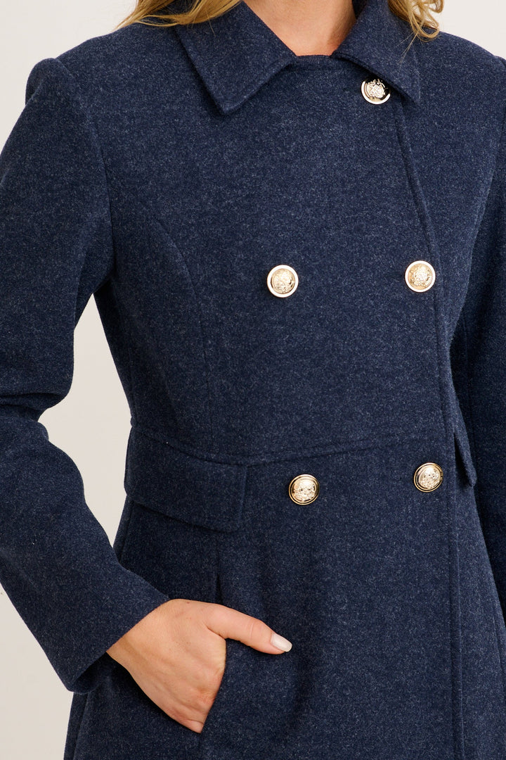 Women's Double Breasted Coat with Notch Lapels and Gold Tone Buttons