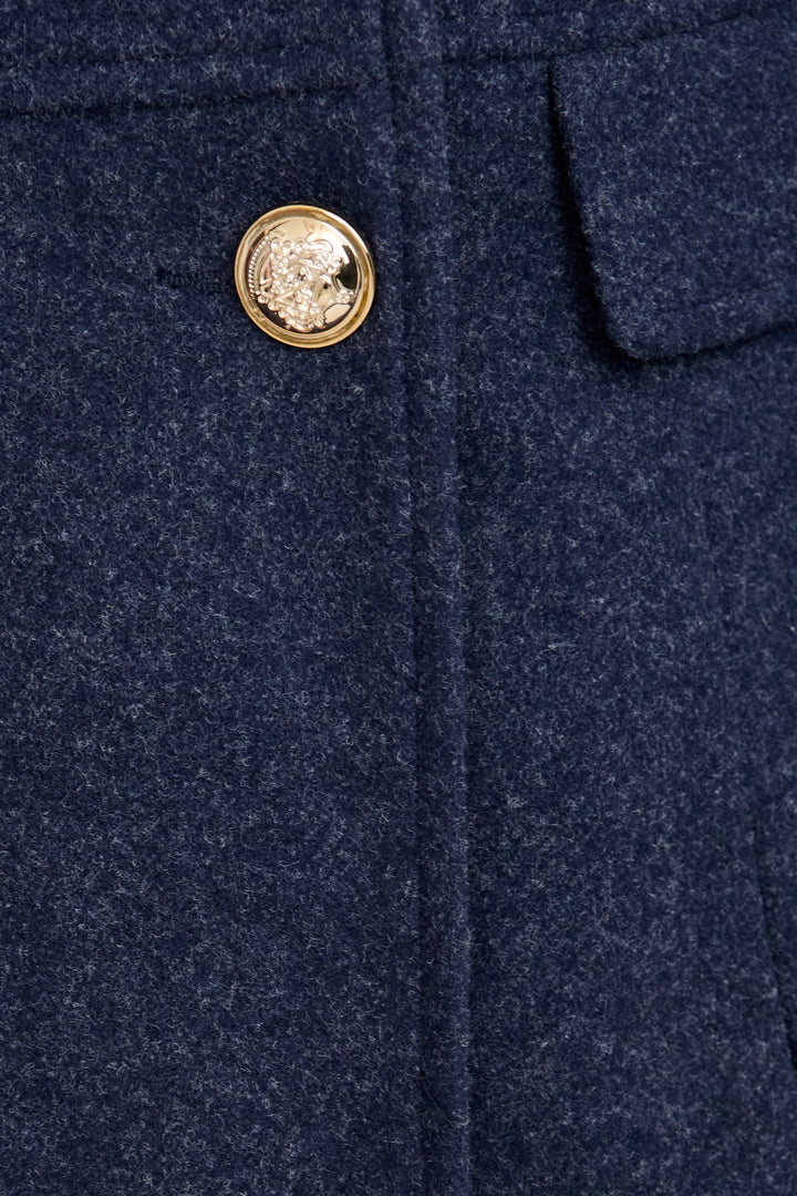 Women's Double Breasted Coat with Notch Lapels and Gold Tone Buttons