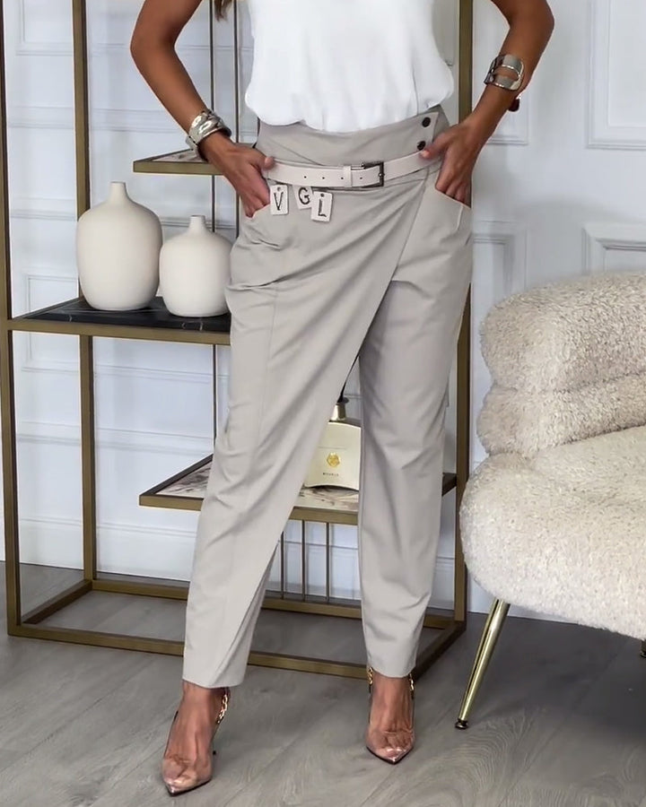 Women's Slim Fit Trousers with Mid Rise Waist and Belt Detail