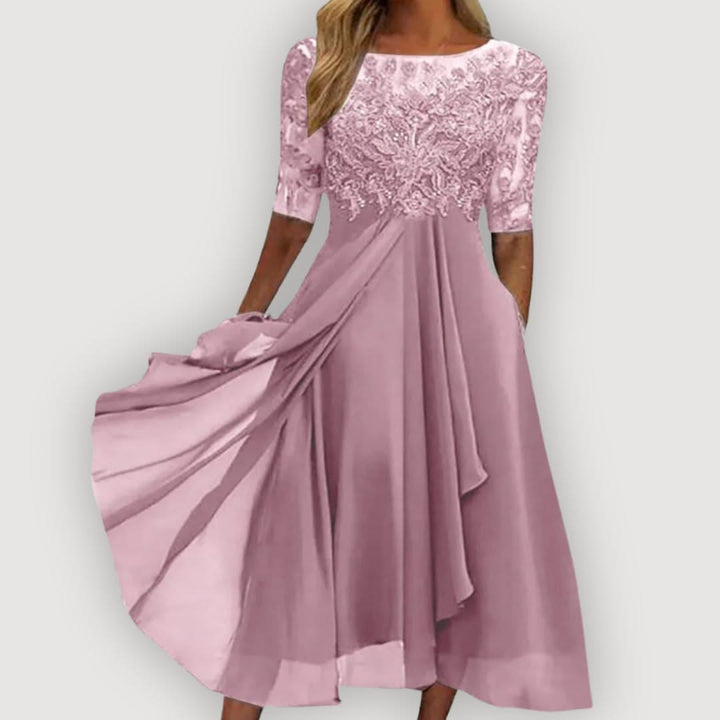 Women's Wedding Guest Chiffon Midi Dress with A Line Skirt