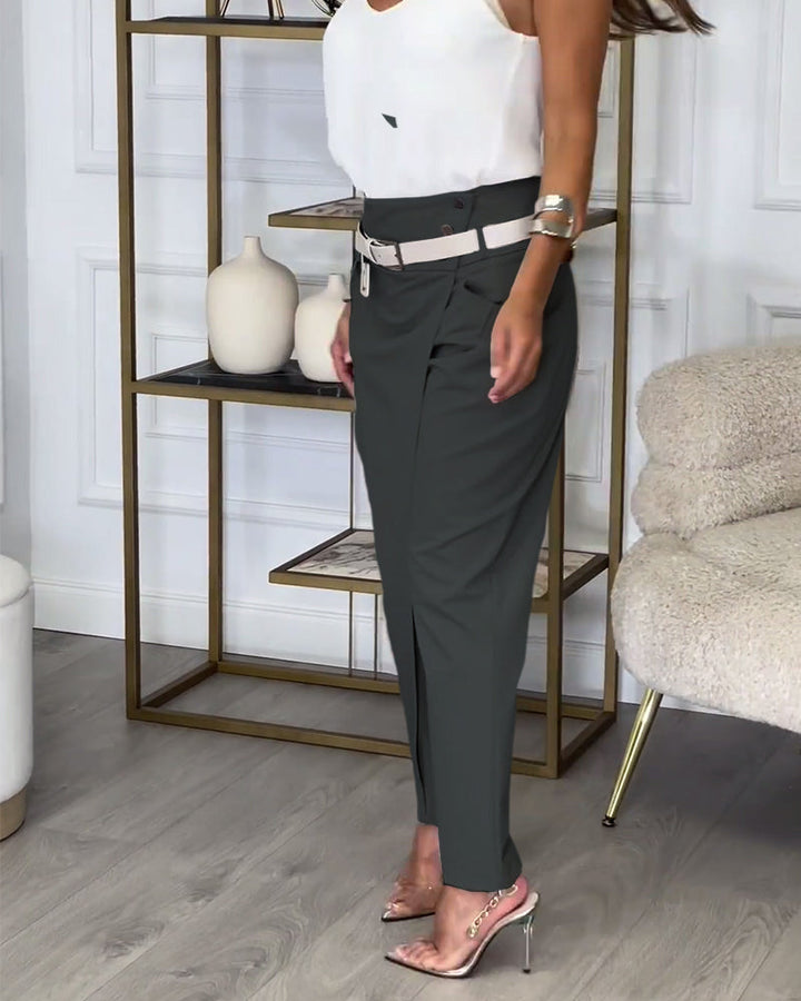 Women's Slim Fit Trousers with Mid Rise Waist and Belt Detail
