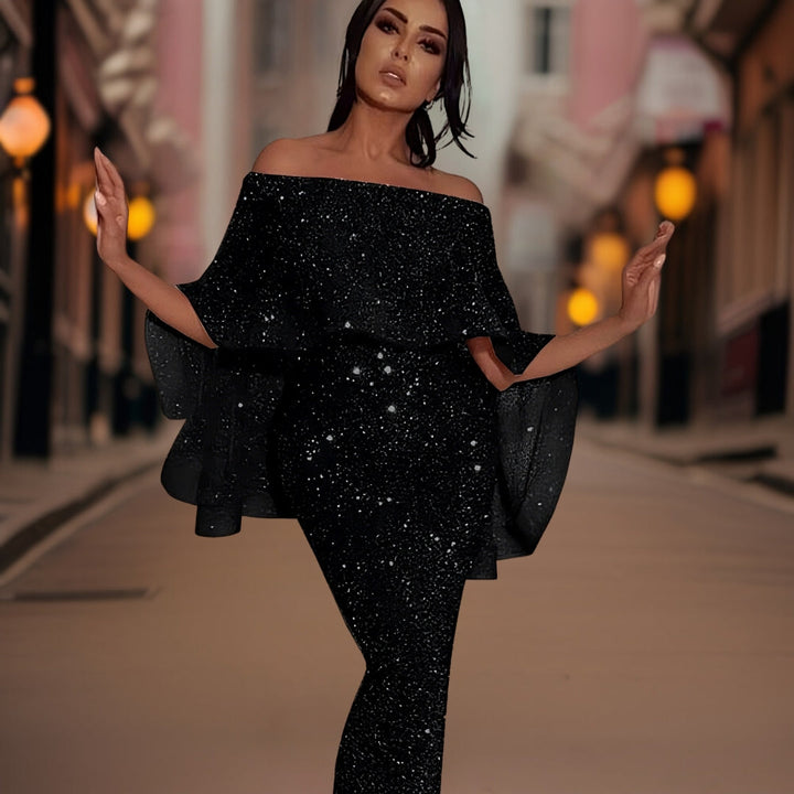 Women's Sequin Maxi Dress with Bardot Neckline and Ruffle Sleeves