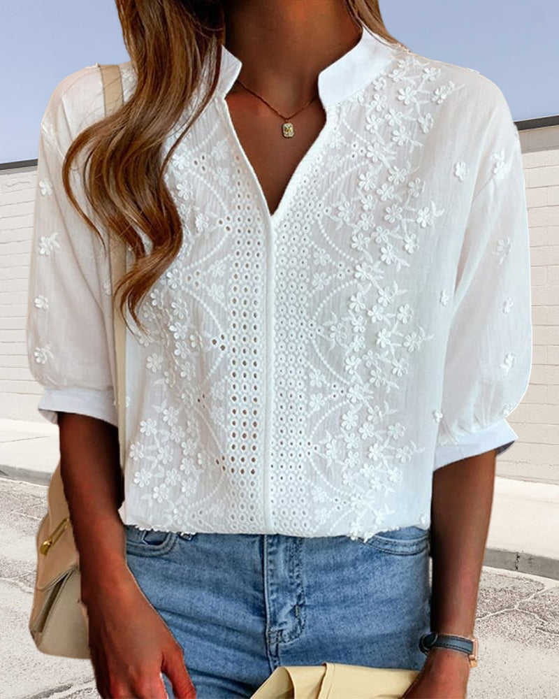 Women's V Neck Blouse with Puff Sleeves and Embroidered Detail