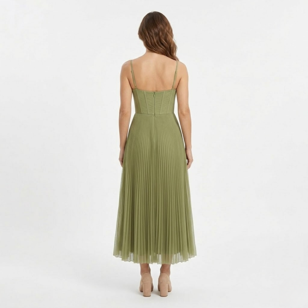 Women's Wedding Guest Strapless Midi Dress with Pleated Skirt