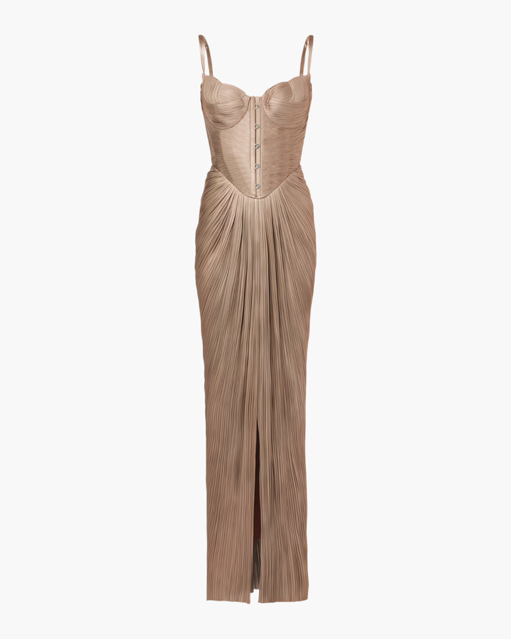 Women's Wedding Guest Maxi Dress with Pleated Bustier and Lace Up Back