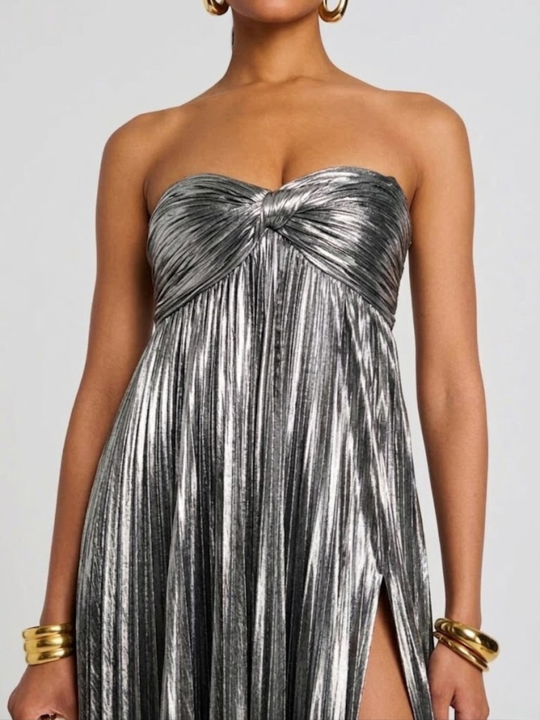 Women's Evening Strapless Maxi Dress with Twisted Bodice and High Slit