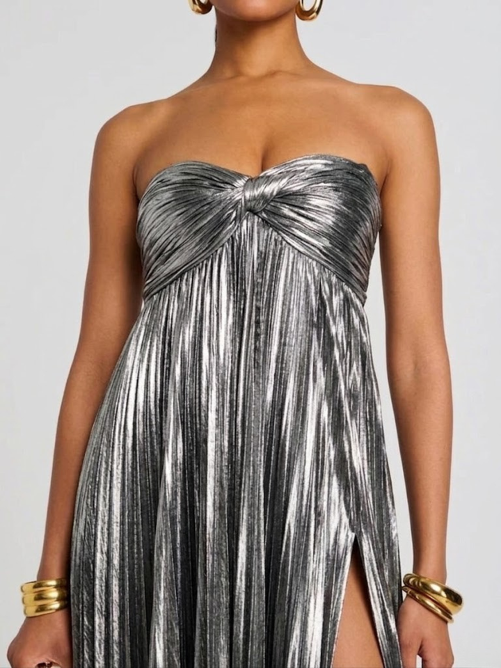 Women's Evening Strapless Maxi Dress with Twisted Bodice and High Slit