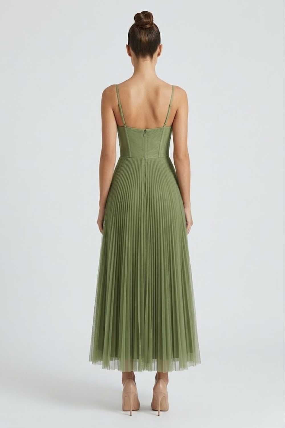 Women's Wedding Guest Midi Dress with Strapless Bodice and Pleated Skirt