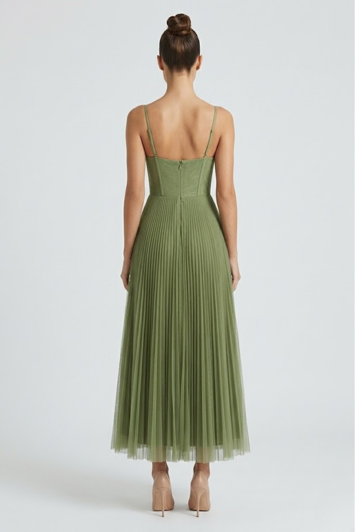 Women's Wedding Guest Midi Dress with Strapless Bodice and Pleated Skirt