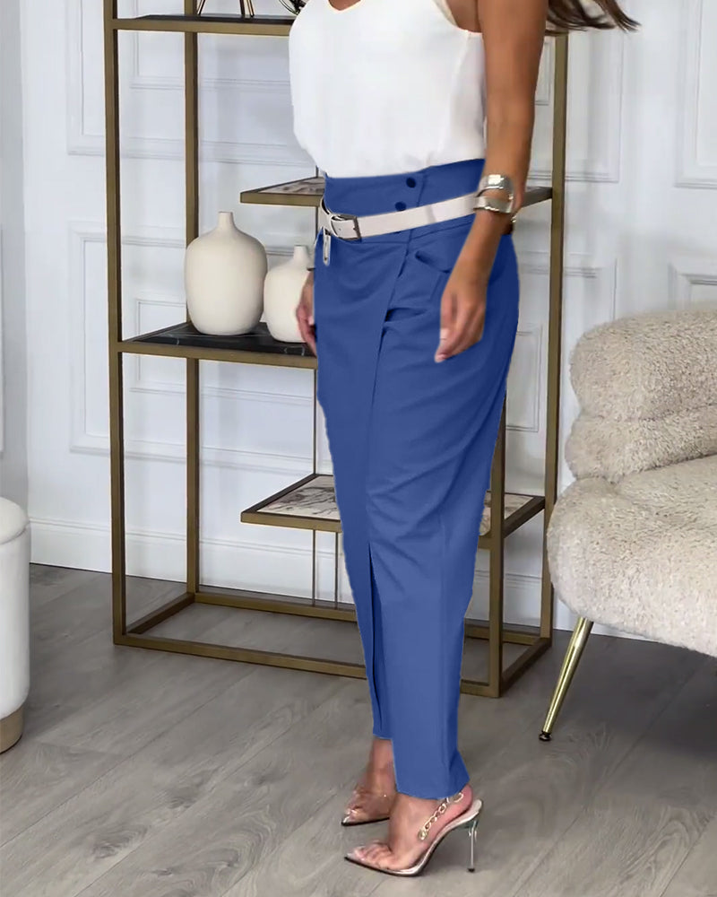 Women's Slim Fit Trousers with Mid Rise Waist and Belt Detail