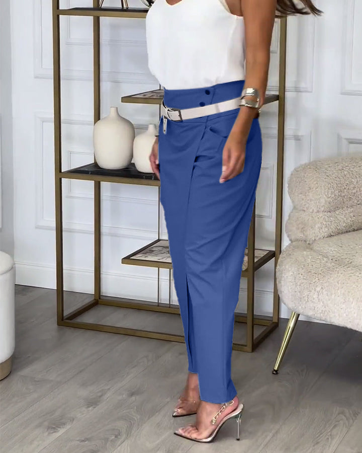 Women's Slim Fit Trousers with Mid Rise Waist and Belt Detail
