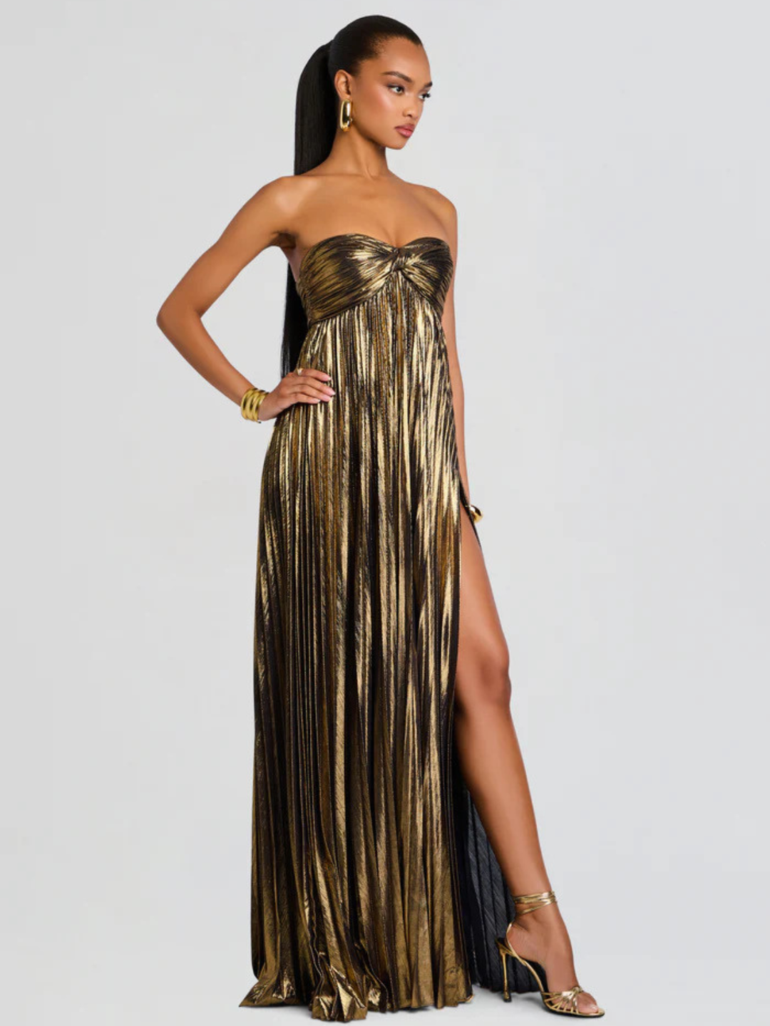 Women's Evening Strapless Maxi Dress with Twisted Bodice and High Slit