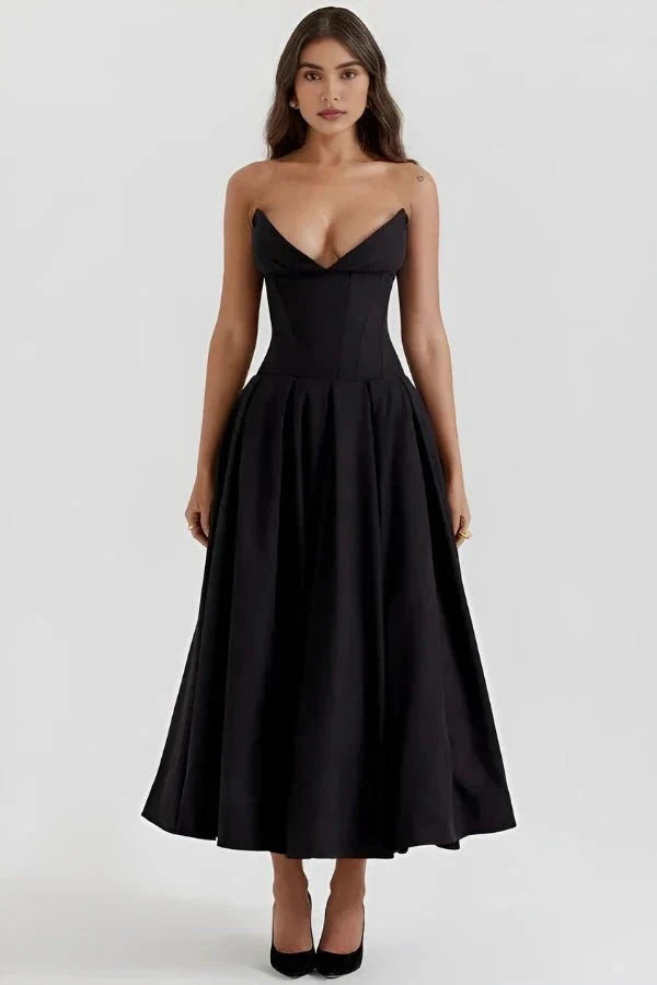 Women's Wedding Guest Corset Midi Dress with Full Skirt