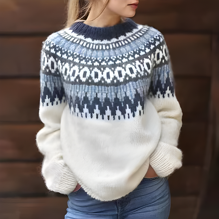 Women's Fair Isle Knitted Jumper with Round Neck and Relaxed Fit