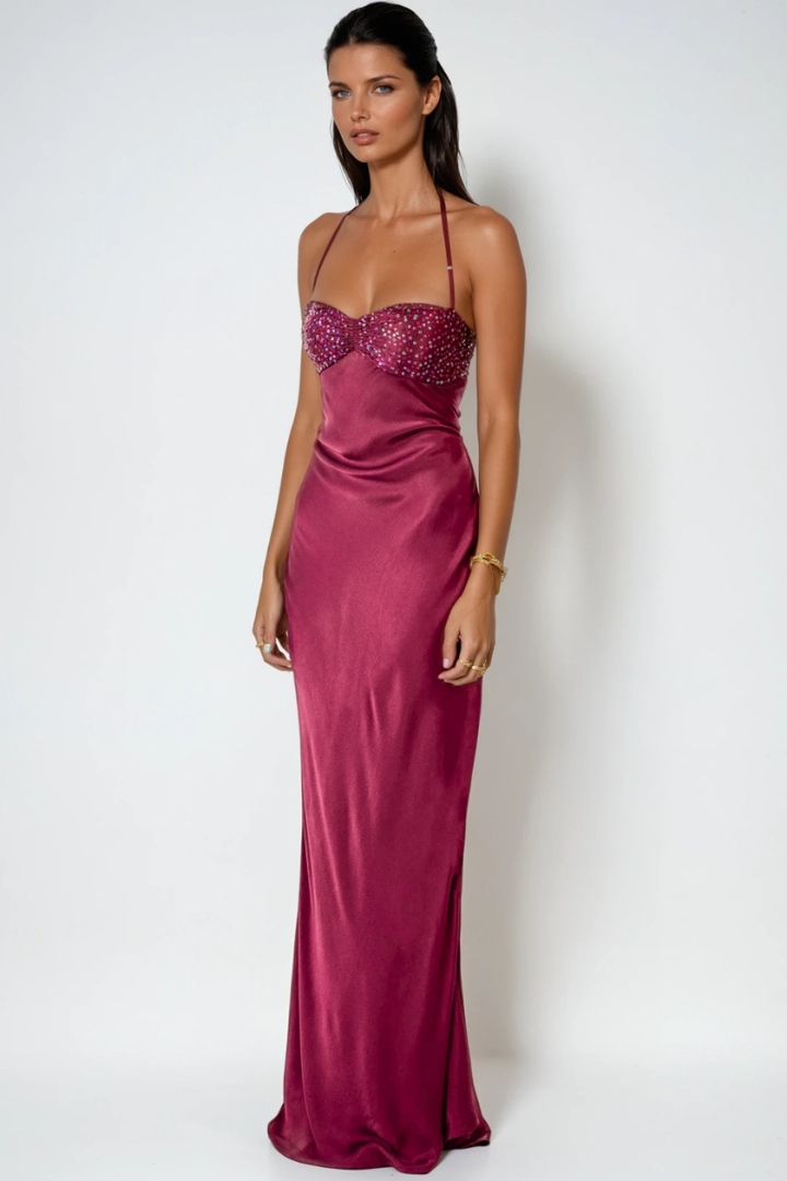 Women's Evening Maxi Dress with Embellished Bodice and Lace Up Back