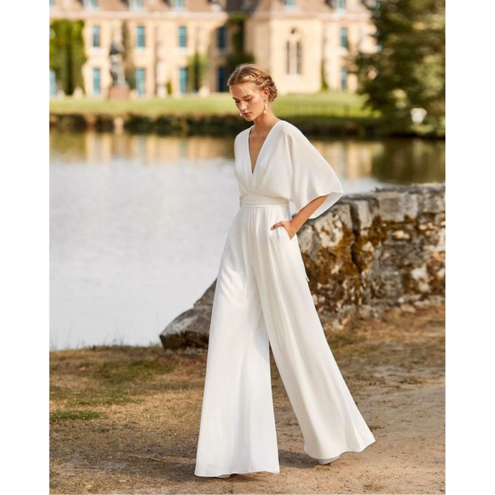 Women's Wide Leg Jumpsuit with V Neck and Short Sleeves