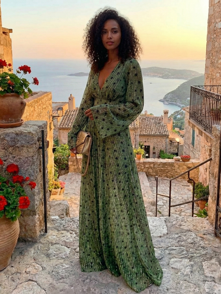 Women's Floral Maxi Dress with V Neck and Long Sleeves