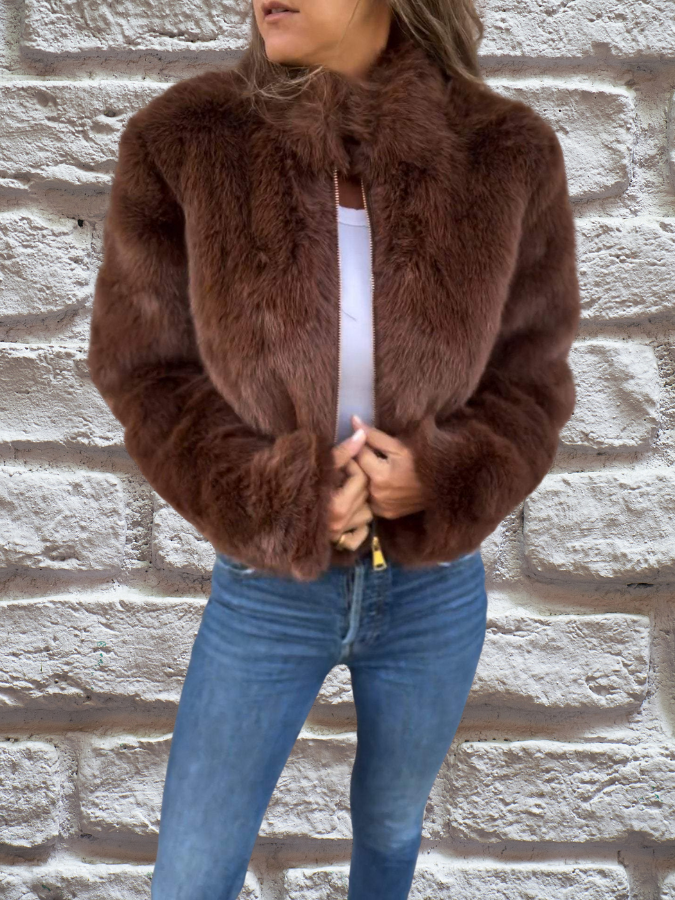 Women's Faux Fur Jacket with High Neck and Zip Front