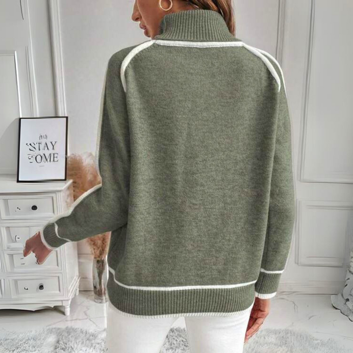 Women's Contrast Trim Knit Jumper with Round Neck and Long Sleeves